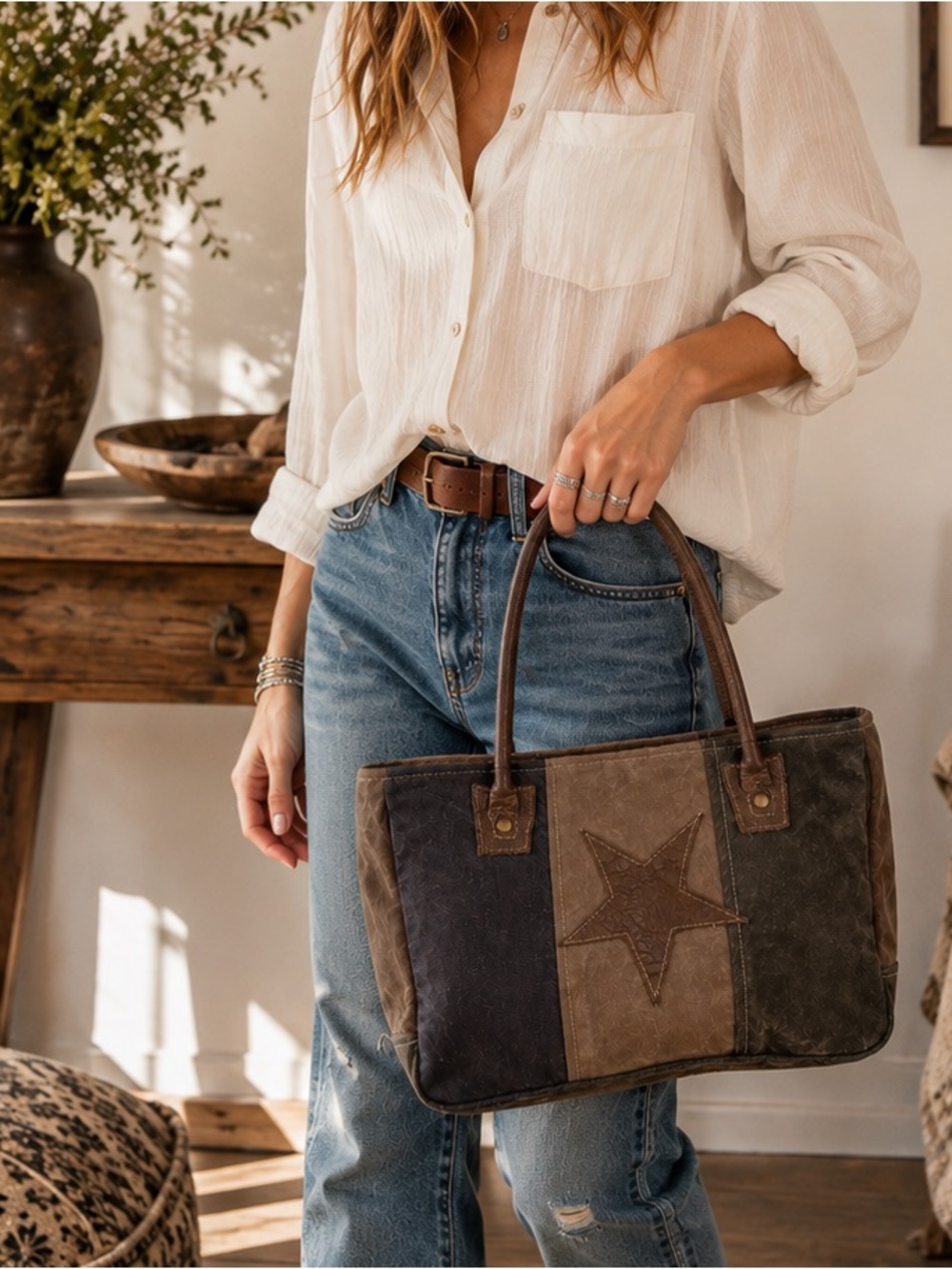 Myra Bag Brown Canvas Leather Star Tote Handbag Western Boho Rustic Cottagecore